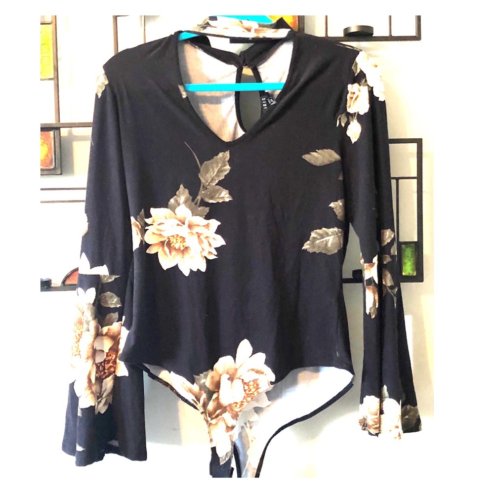 Choker-neck floral bodysuit with bell sleeves